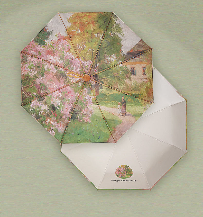 ヒューゴ・ダルノート”城の入り口のライラックの茂み”３段折りたたみ晴雨兼用傘 8本骨