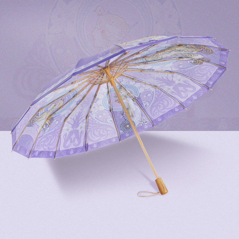 ミュシャ エレガントパープルの３段折りたたみ晴雨兼用傘 16本骨
