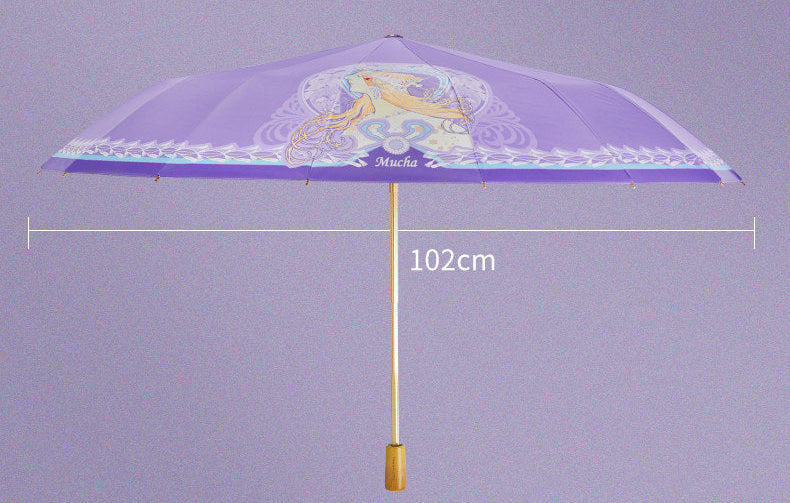 ミュシャ エレガントパープルの３段折りたたみ晴雨兼用傘 16本骨