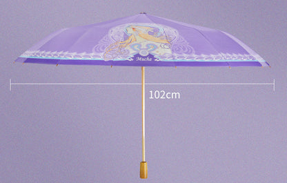 ミュシャ エレガントパープルの３段折りたたみ晴雨兼用傘 16本骨
