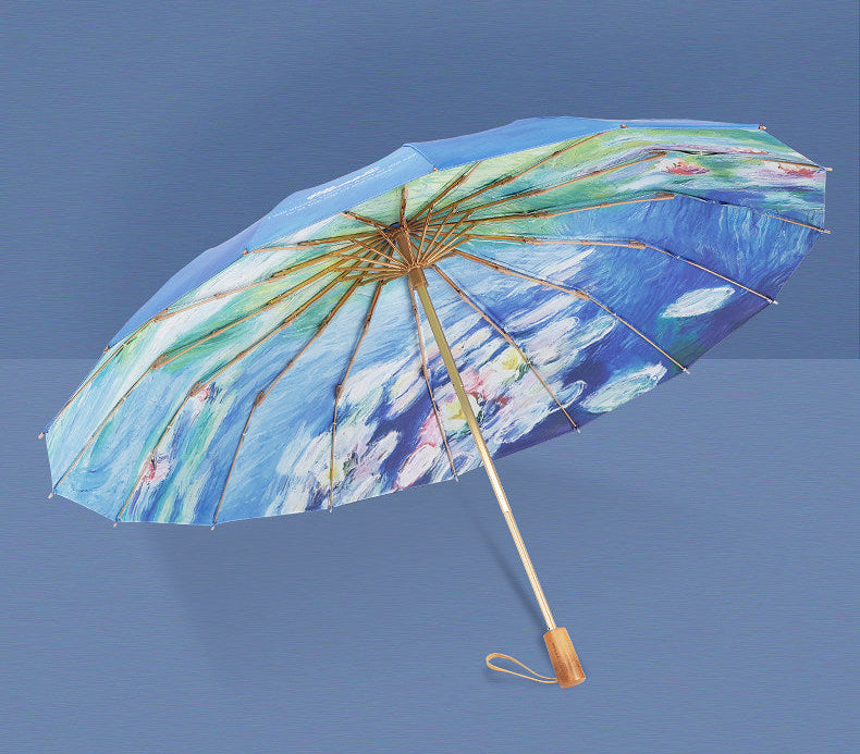 モネ 青い睡蓮 晴雨兼用折りたたみ傘 16本骨 UPF50+