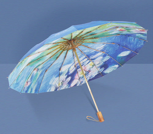 モネ 青い睡蓮 晴雨兼用折りたたみ傘 16本骨 UPF50+