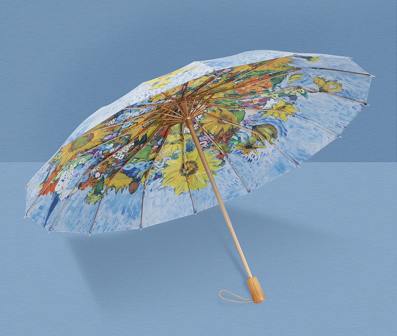 陽気なひまわり柄 晴雨兼用折りたたみ傘 16本骨 UPF50+