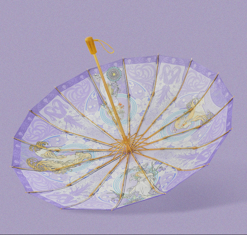 ミュシャ エレガントパープルの３段折りたたみ晴雨兼用傘 16本骨