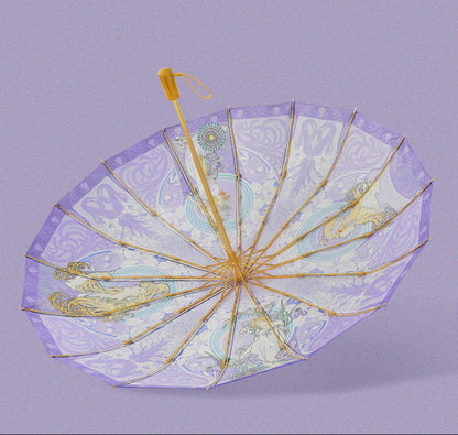 ミュシャ エレガントパープルの３段折りたたみ晴雨兼用傘 16本骨