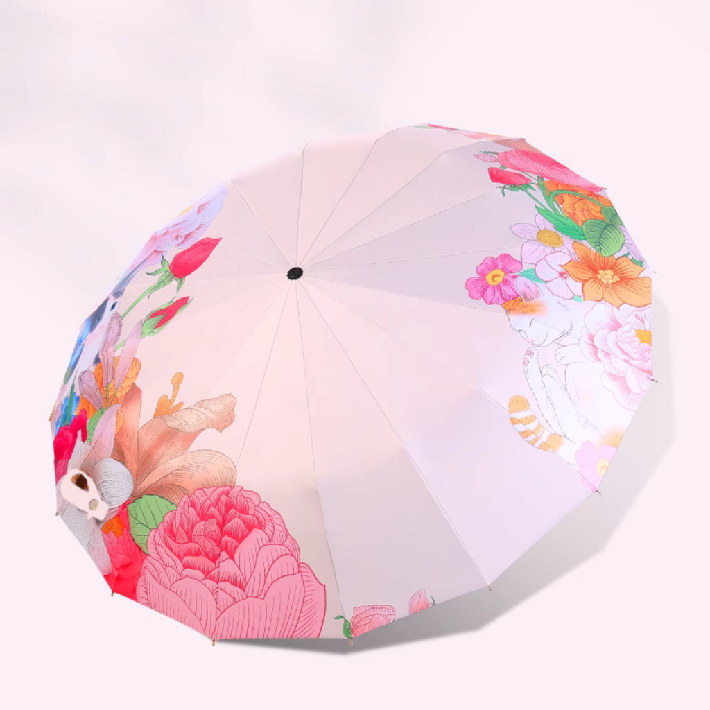 お花と猫 晴雨兼用折りたたみ傘 16本骨 UPF50+