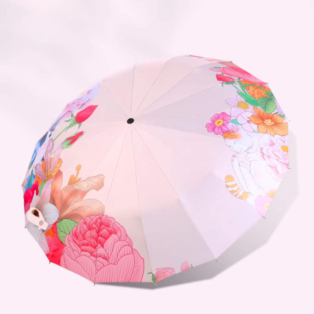 お花と猫 晴雨兼用折りたたみ傘 16本骨 UPF50+