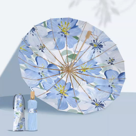 鮮やかな青色の花々の3段折りたたみ傘（晴雨兼用傘）16本骨