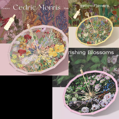 Cedric Morrisの花の絵画の3段折りたたみ傘(晴雨兼用傘)16本骨 Cedric Morrisの花の絵画の3段折りたたみ傘(晴雨兼用傘)16本骨