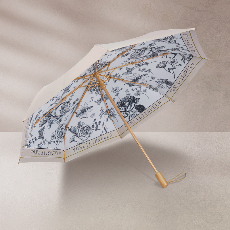 薔薇と蝶々柄 晴雨兼用折りたたみ傘 8本骨 UPF50+