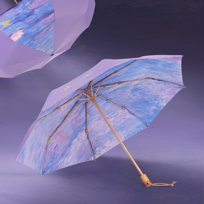 ”モネの紫睡蓮” 3段折りたたみ傘（晴雨兼用傘）8本骨 二枚生地