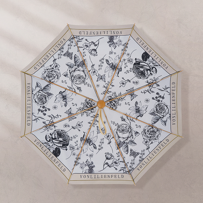 薔薇と蝶々柄の3段折りたたみ傘 （晴雨兼用傘）8本骨 二枚生地