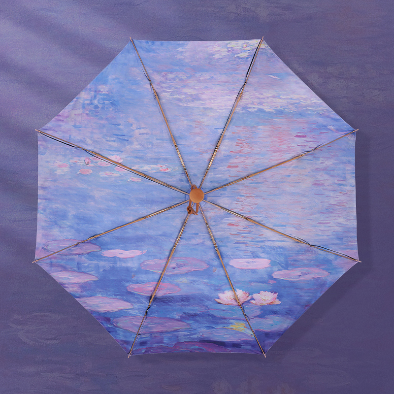 ”モネの紫睡蓮” 3段折りたたみ傘（晴雨兼用傘）8本骨 二枚生地