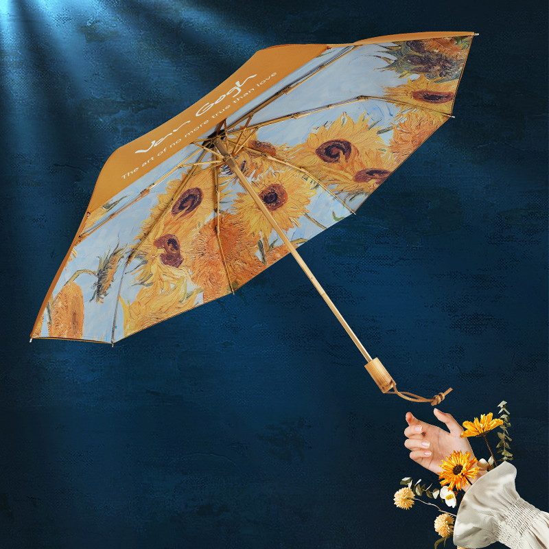 ”ゴッホの向日葵” 3段折りたたみ傘（晴雨兼用傘）8本骨 二枚生地