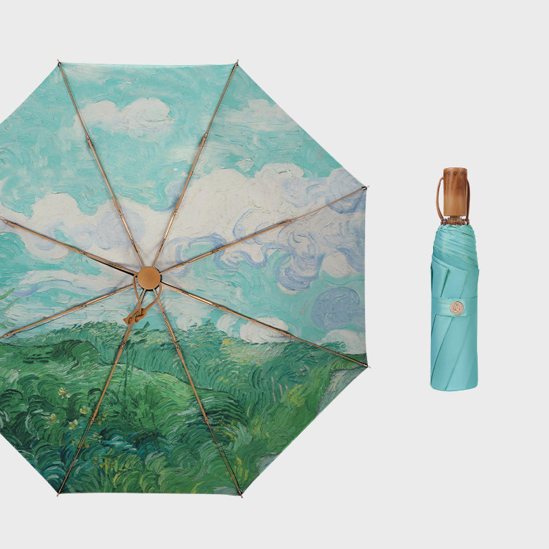”ゴッホの緑の麦畑” 3段折りたたみ傘（晴雨兼用傘）8本骨 二枚生地